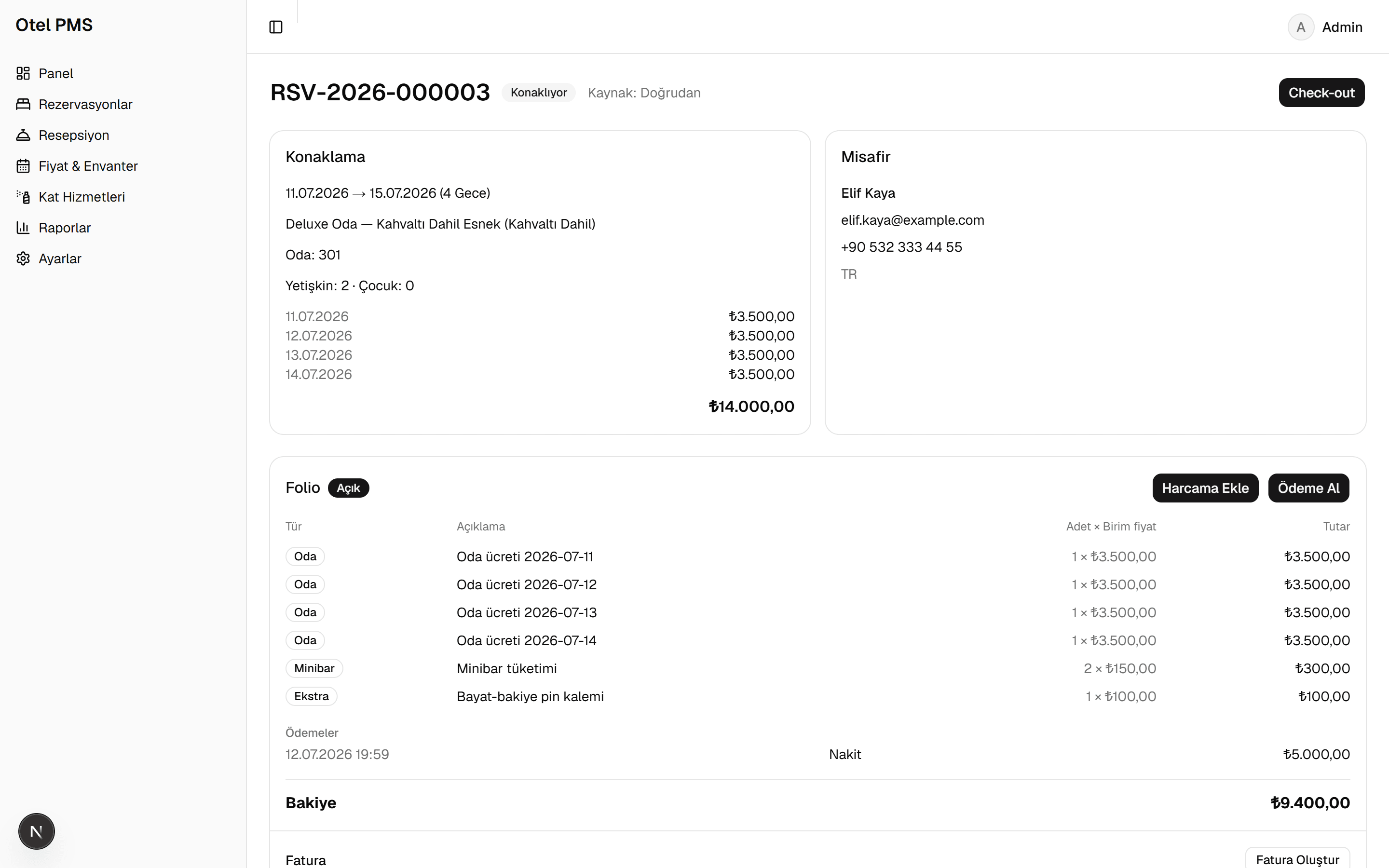 Lobbio rezervasyon detay ekranı (örnek verilerle): misafir bilgileri, konaklama özeti ve folio hareketleri